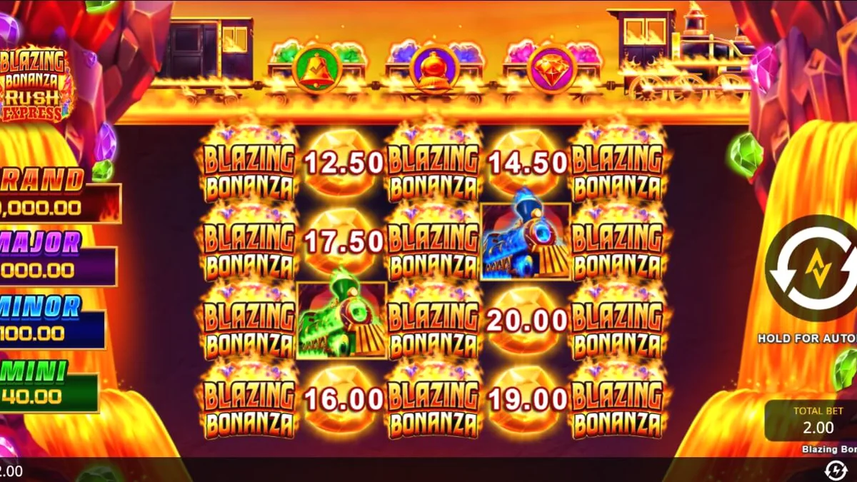 Tampilan visual slot Blazing Bonanza Rush Express dengan tema pertambangan emas.